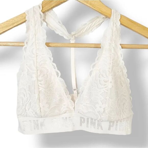 Victoria's Secret Pink Lace T-Strap Logo Bralette in Ivory Size Small - Picture 6 of 14